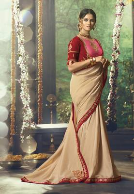 Chiku Embroidered Silk Blend Saree With Blouse 2