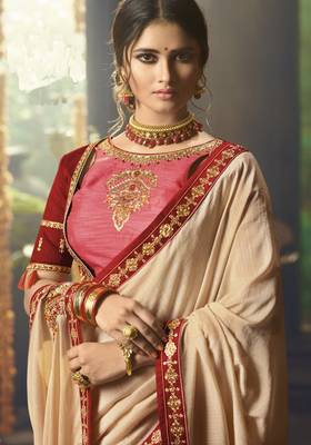 Chiku Embroidered Silk Blend Saree With Blouse 3