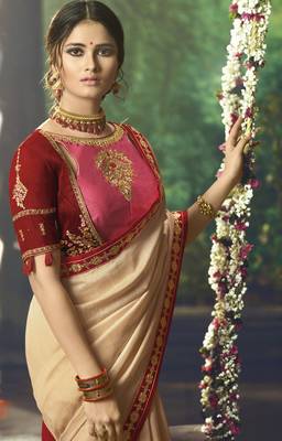 Chiku Embroidered Silk Blend Saree With Blouse 4
