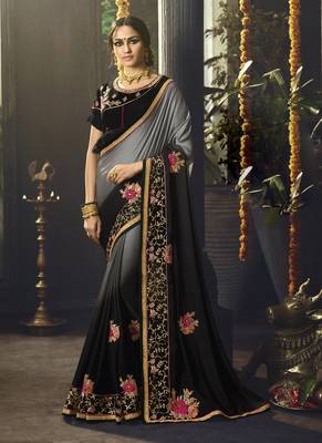 Grey Embroidered Silk Blend Saree With Blouse 1