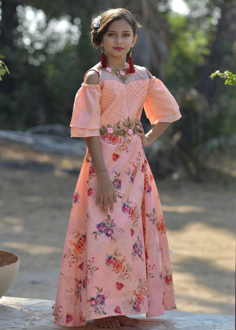 Peach Color Silk Party Wear Crop Top Readymade Kid Girl Gown Om