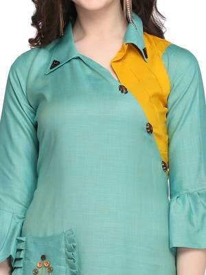 Turquoise hand woven rayon kurtas-and-kurtis 4