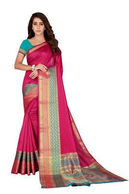 Pink woven silk blend saree with blouse 1