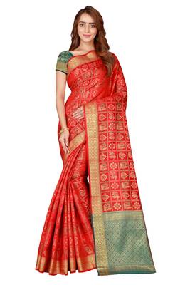 Red woven banarasi silk saree with blouse 1