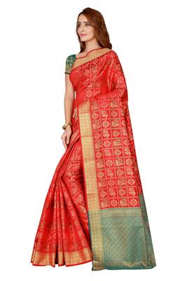Red woven banarasi silk saree with blouse 2