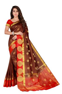Brown woven silk blend saree with blouse 1