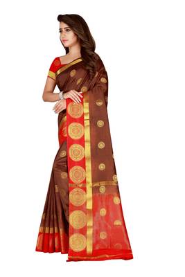 Brown woven silk blend saree with blouse 3