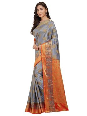 Grey woven faux kanjivaram silk saree with blouse 1