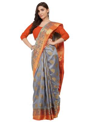 Grey woven faux kanjivaram silk saree with blouse 2