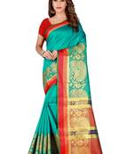 Green woven banarasi silk saree with blouse