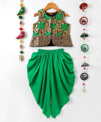 Green printed polyester top with dhoti for girls 1
