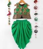 Green printed polyester top with dhoti for girls