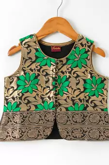 Green printed polyester top with dhoti for girls