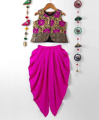 Pink printed polyester top with dhoti for girls 1
