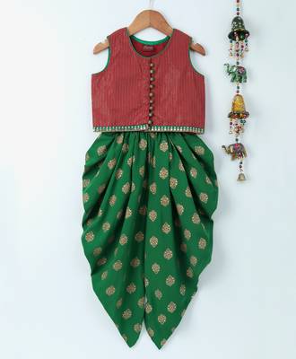 Green printed polyester top with dhoti for girls 1