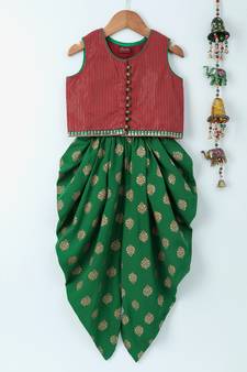 Green printed polyester top with dhoti for girls