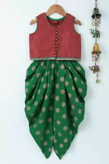 Green printed polyester top with dhoti for girls