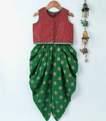 Green printed polyester top with dhoti for girls