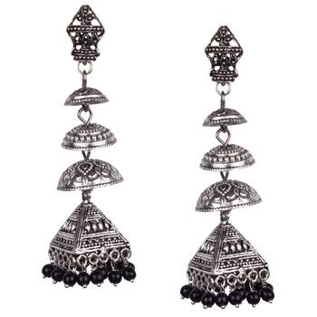 Silver Oxidised Four Leyer With Black Beaded Earring For Women & Girls 1