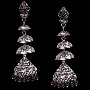 Silver Oxidised Four Leyer With Black Beaded Earring For Women & Girls 2