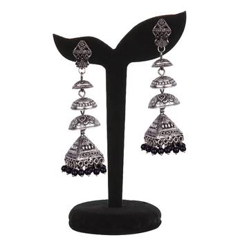 Silver Oxidised Four Leyer With Black Beaded Earring For Women & Girls 3