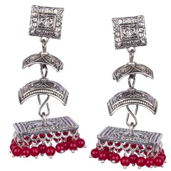 Silver Oxidised Three Leyer With Red Beaded Earring For Women & Girls 1