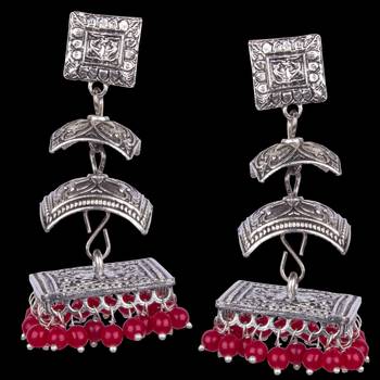 Silver Oxidised Three Leyer With Red Beaded Earring For Women & Girls 2