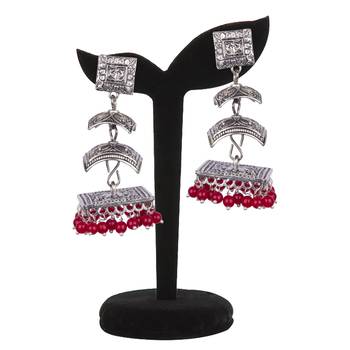 Silver Oxidised Three Leyer With Red Beaded Earring For Women & Girls 3