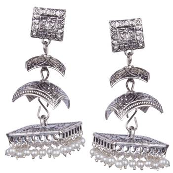 Silver Oxidised Three Leyer Withwhite Beaded Earring For Women & Girls 1