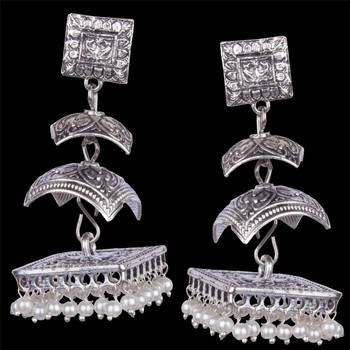 Silver Oxidised Three Leyer Withwhite Beaded Earring For Women & Girls 2