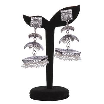 Silver Oxidised Three Leyer Withwhite Beaded Earring For Women & Girls 3