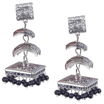 Silver Oxidised Two Leyer With Black Beaded Earring For Women & Girls 1