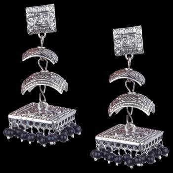 Silver Oxidised Two Leyer With Black Beaded Earring For Women & Girls 2
