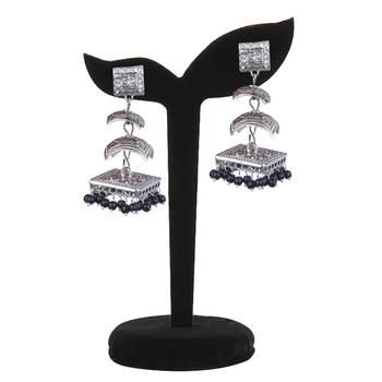 Silver Oxidised Two Leyer With Black Beaded Earring For Women & Girls 3