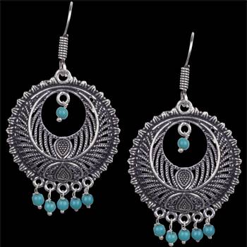 Stunning Oxidised Silver Round Shape And Sky Blue Beads Dangling Earring For Women & Girls 2