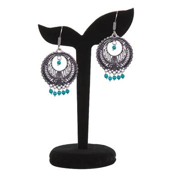 Stunning Oxidised Silver Round Shape And Sky Blue Beads Dangling Earring For Women & Girls 3