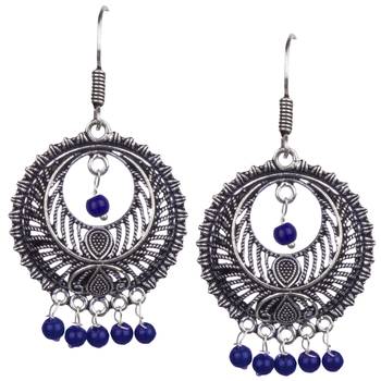 Stunning Oxidised Silver Round Shape And Blue Beads Dangling Earring For Women & Girls 1