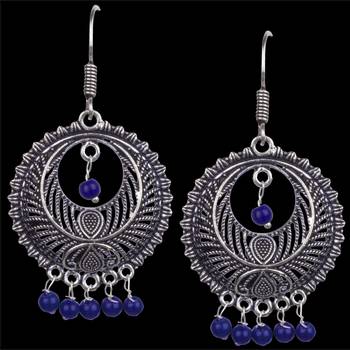 Stunning Oxidised Silver Round Shape And Blue Beads Dangling Earring For Women & Girls 2