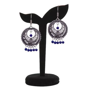 Stunning Oxidised Silver Round Shape And Blue Beads Dangling Earring For Women & Girls 3