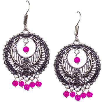 Stunning Oxidised Silver Round Shape And Pink Beads Dangling Earring For Women & Girls 1