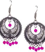 Stunning Oxidised Silver Round Shape And Pink Beads Dangling Earring For Women & Girls
