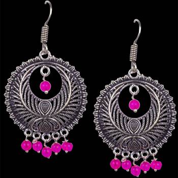Stunning Oxidised Silver Round Shape And Pink Beads Dangling Earring For Women & Girls 2