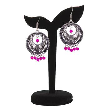Stunning Oxidised Silver Round Shape And Pink Beads Dangling Earring For Women & Girls 3