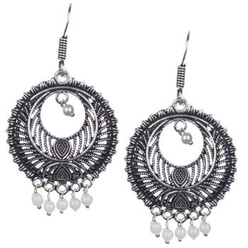 Stunning Oxidised Silver Round Shape And White Beads Dangling Earring For Women & Girls 1