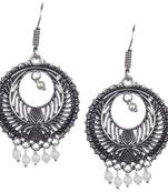 Stunning Oxidised Silver Round Shape And White Beads Dangling Earring For Women & Girls