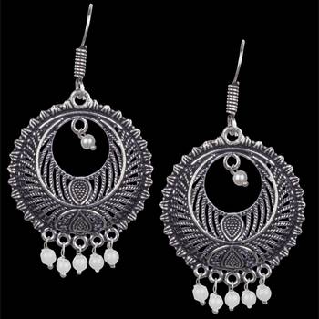 Stunning Oxidised Silver Round Shape And White Beads Dangling Earring For Women & Girls 2