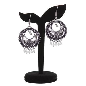 Stunning Oxidised Silver Round Shape And White Beads Dangling Earring For Women & Girls 3