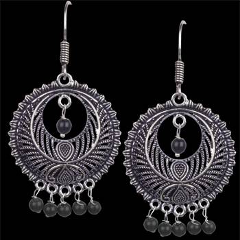 Stunning Oxidised Silver Round Shape And Black Beads Dangling Earring For Women & Girls 2