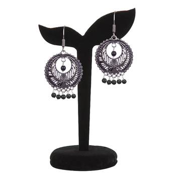 Stunning Oxidised Silver Round Shape And Black Beads Dangling Earring For Women & Girls 3