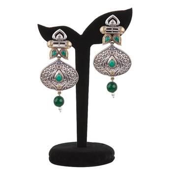Comely Oxidised Silverleaf Shape Green  Beaded Dangling Earring For Women & Girls 3